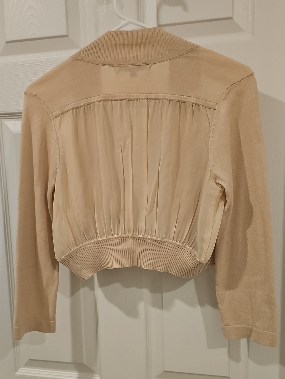 Antonio Melani Beige Chiffon Cropped Bolero Shrug Cardigan w/ Ribbed Trim & Hem - Picture 2 of 7